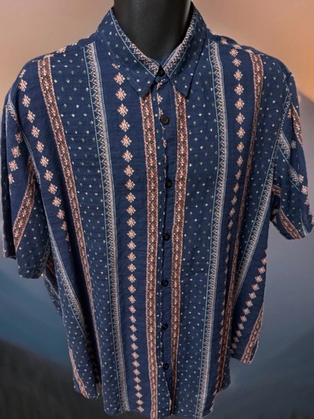Men's VatPave Striped Sz XL Navy Blue Patterned Short-Sleeve Button-Up Shirt